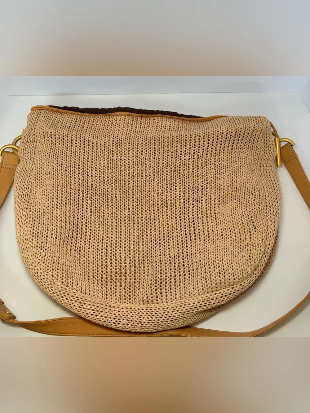 Americana by Sharif Boho Tan Woven Crochet Knit Slouchy Hobo Shoulder Bag